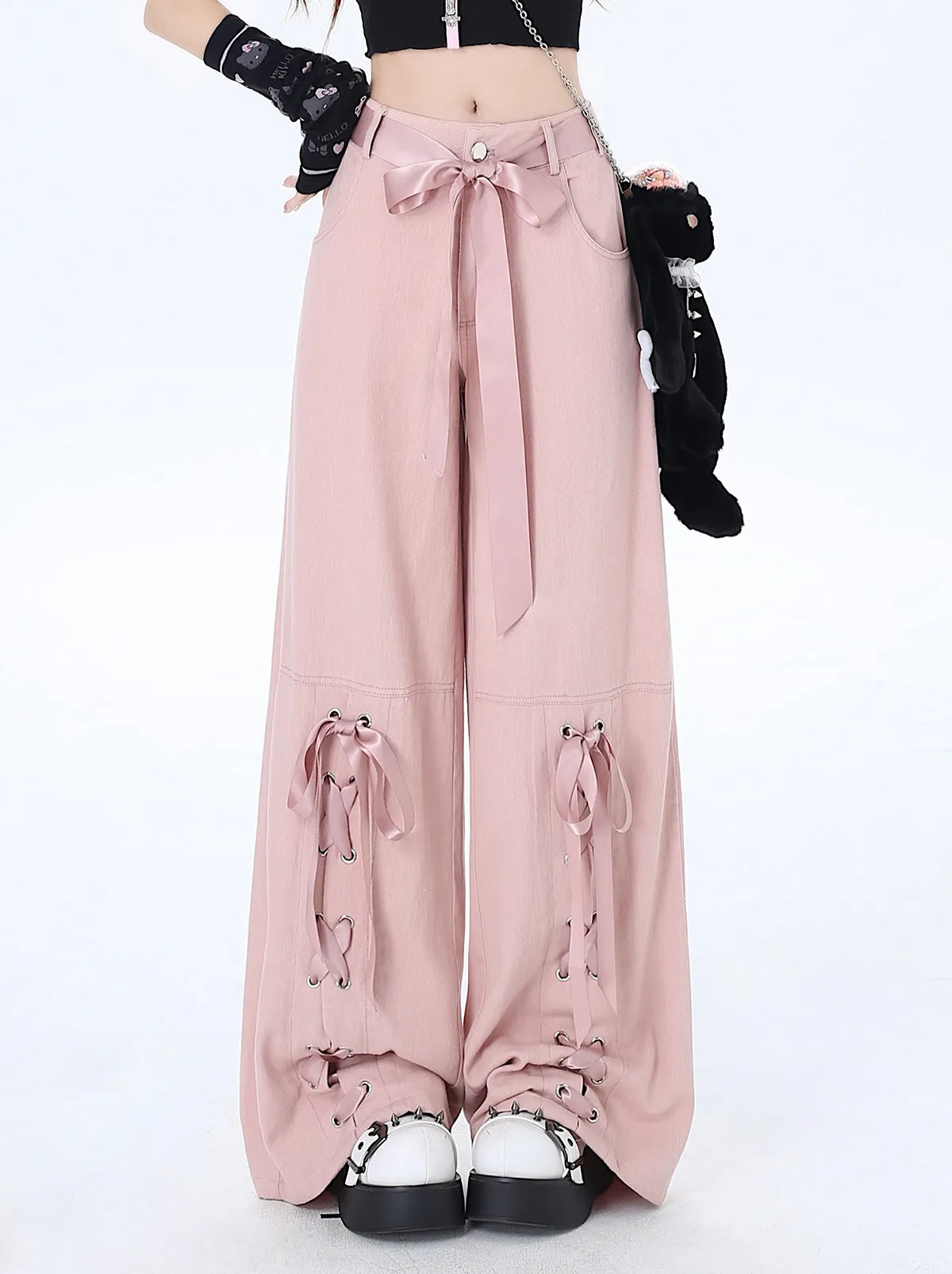 Crazy Girl Pink Mist Balletcore Bow Pink Wide Leg Jeans Pants