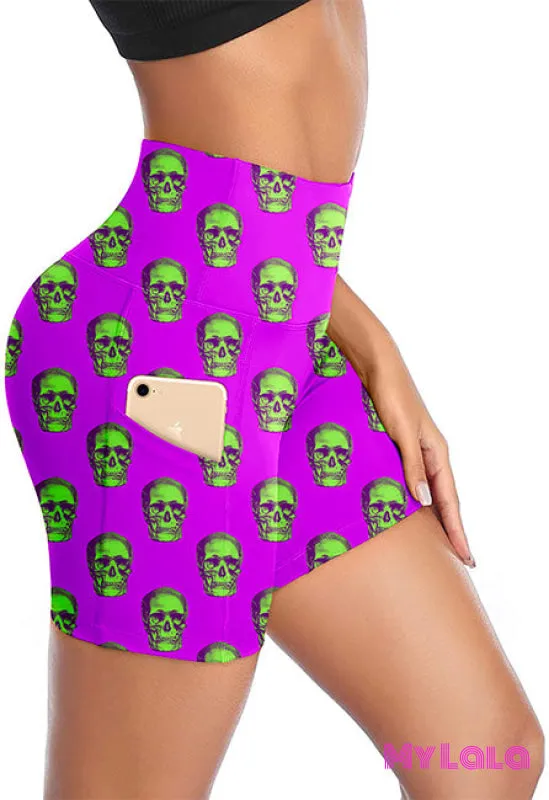 Curvy Pocketed Gym Shorts (Neon Skull)
