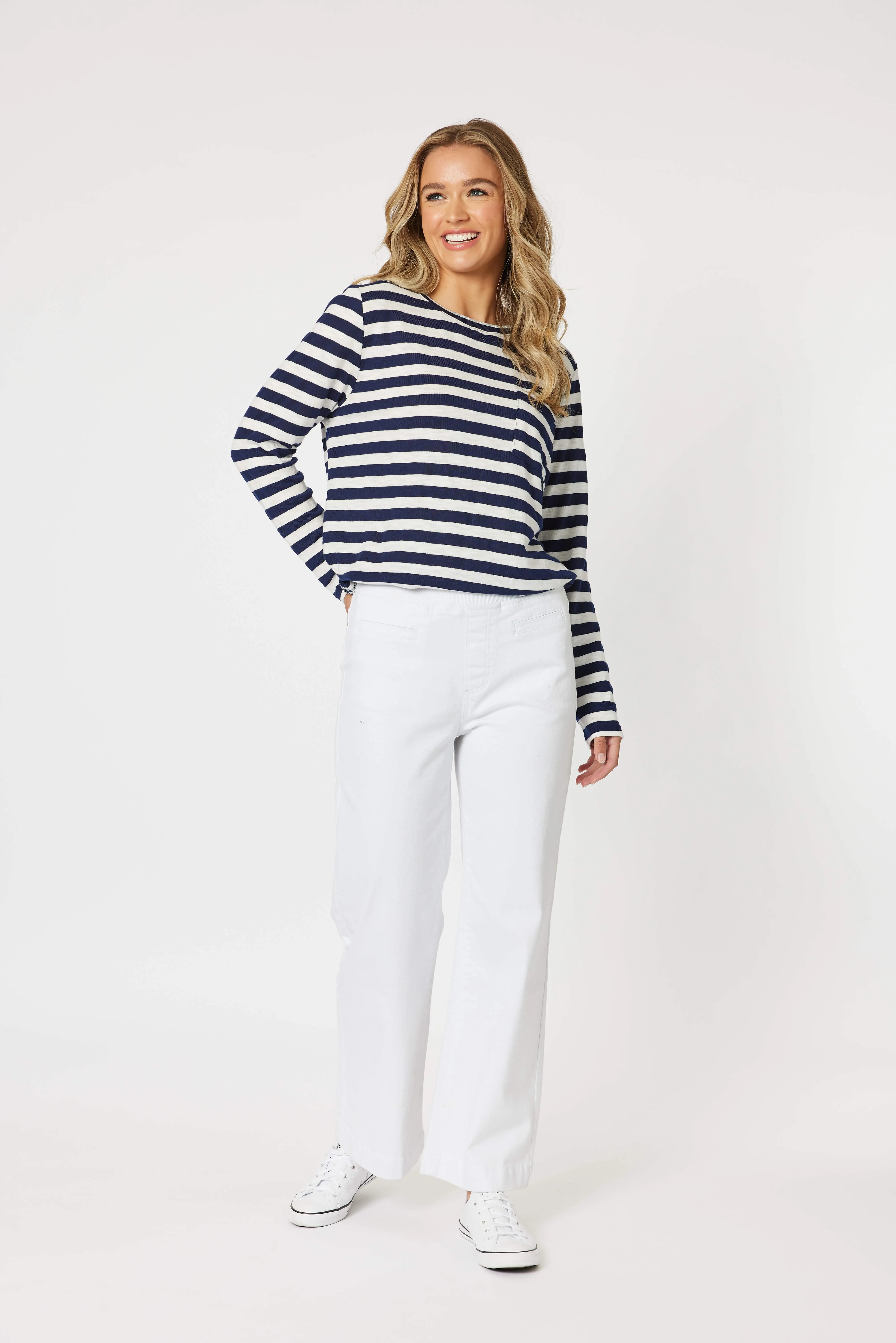 Maddy Pull On Wide Leg Jean - White/Denim