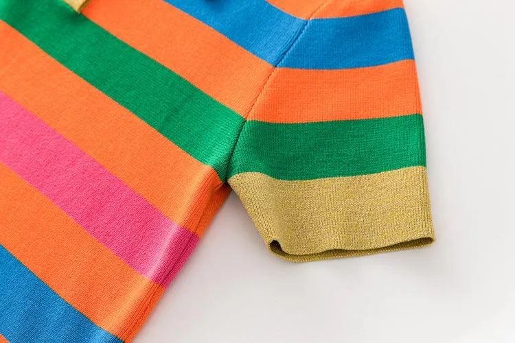 Women's Casual Fashion Printing Knitted Colorful Striped Top Mid-length Dress Set